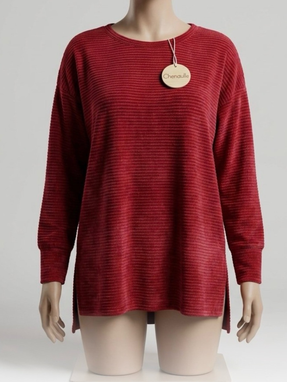 Red Ribbed Long-Sleeve Women's Top